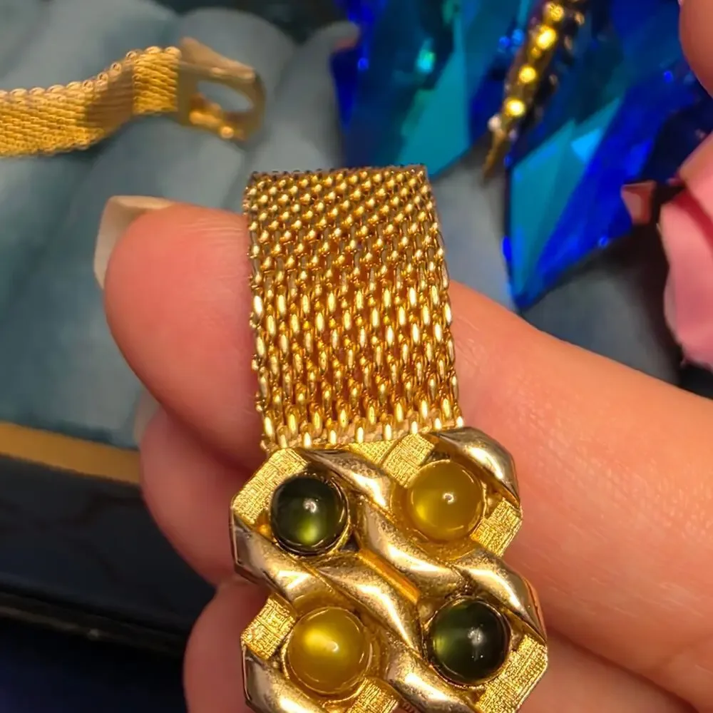 Vintage Swank Gold-Tone Mesh Cufflinks | Green & Amber Cabochon Retro 115